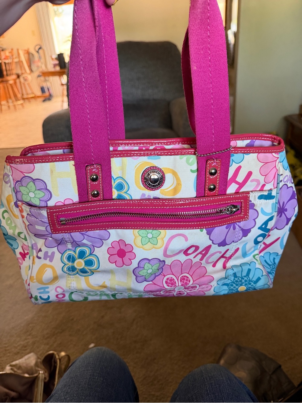 Coach Floral Canvas Tote with Hot Pink Straps